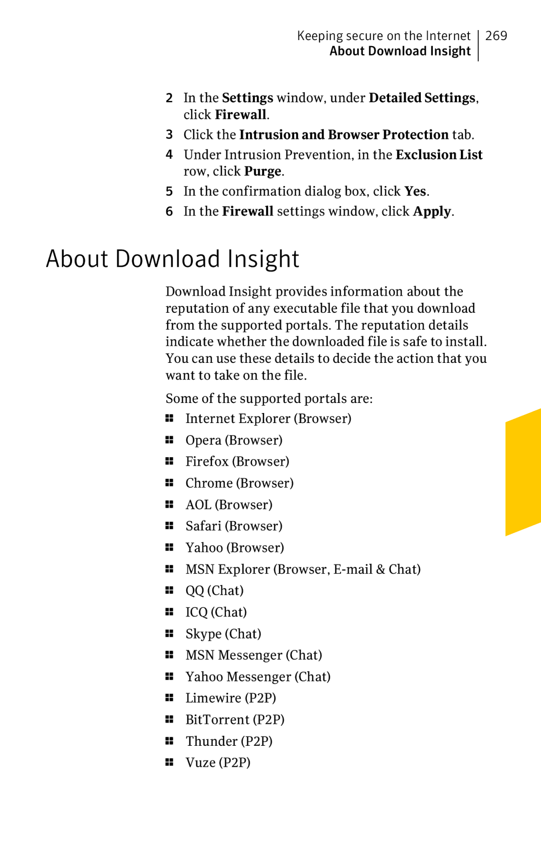 Symantec 11022527 manual About Download Insight, Click the Intrusion and Browser Protection tab 