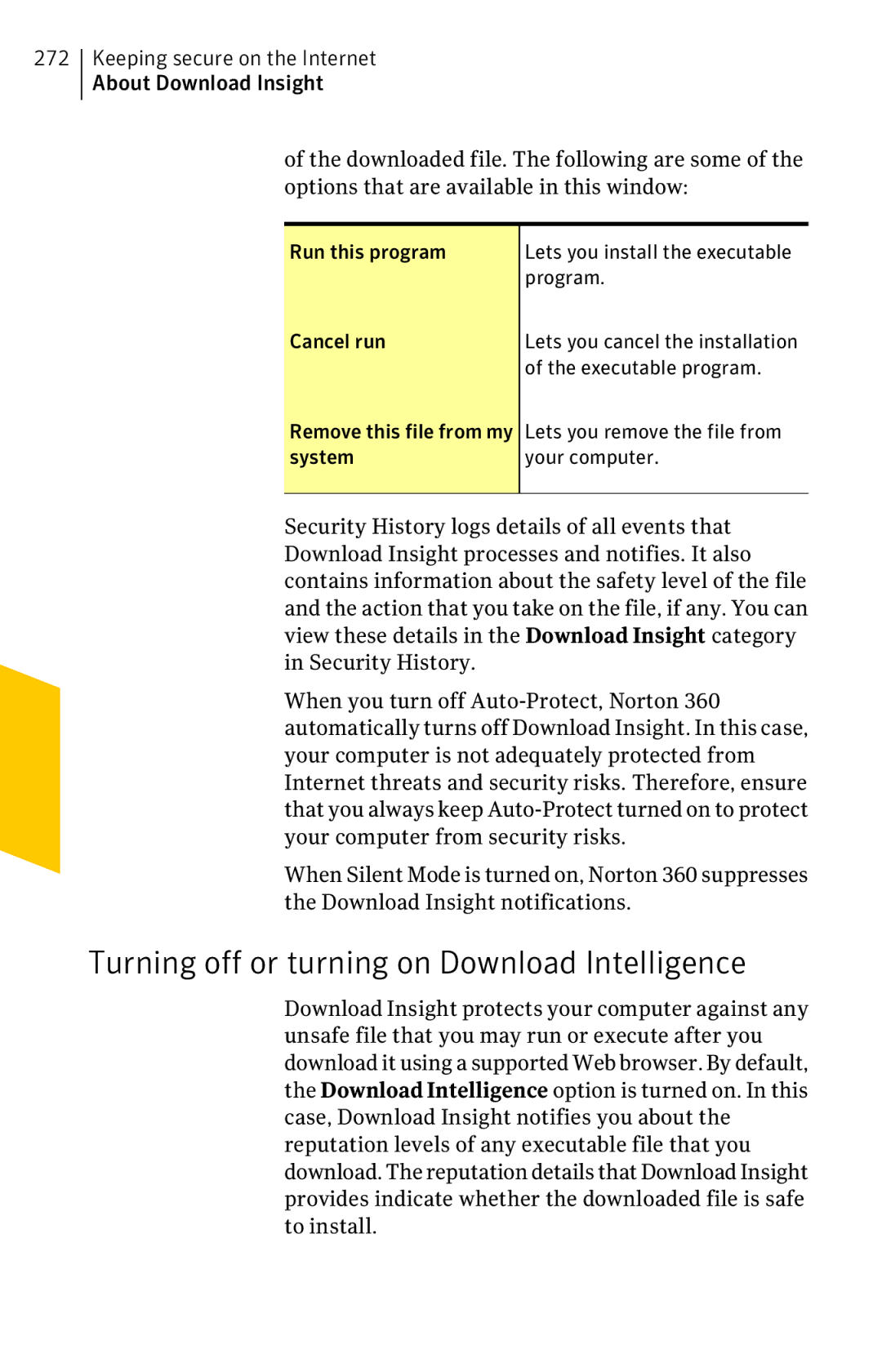 Symantec 11022527 manual Turning off or turning on Download Intelligence, Run this program, Program, Cancel run 