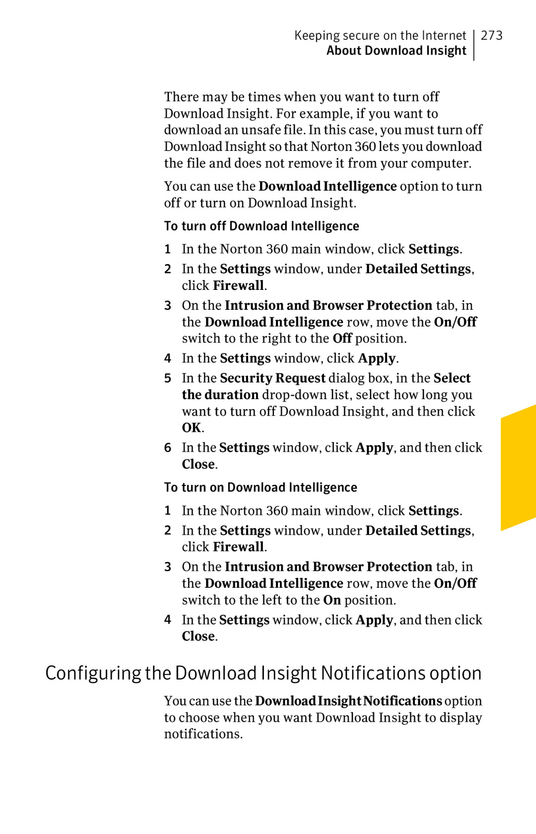 Symantec 11022527 manual Configuring the Download Insight Notifications option, 273 