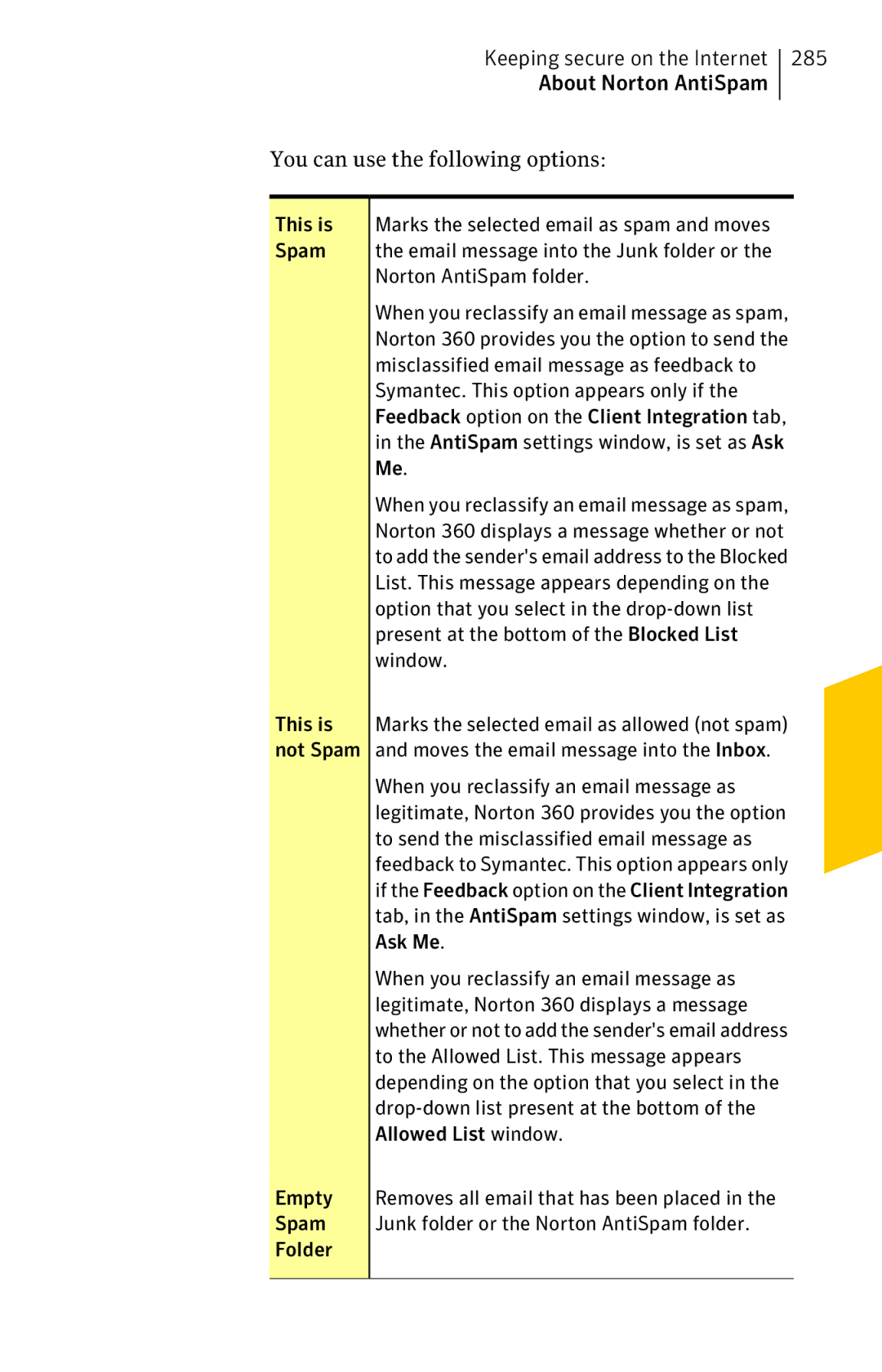 Symantec 11022527 manual 285, About Norton AntiSpam You can use the following options 