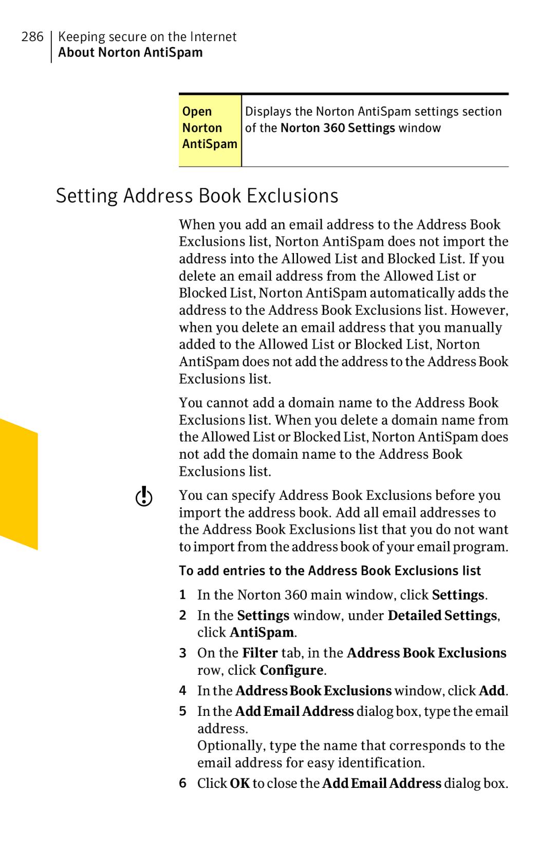 Symantec 11022527 manual Setting Address Book Exclusions, Not add the domain name to the Address Book, Exclusions list 