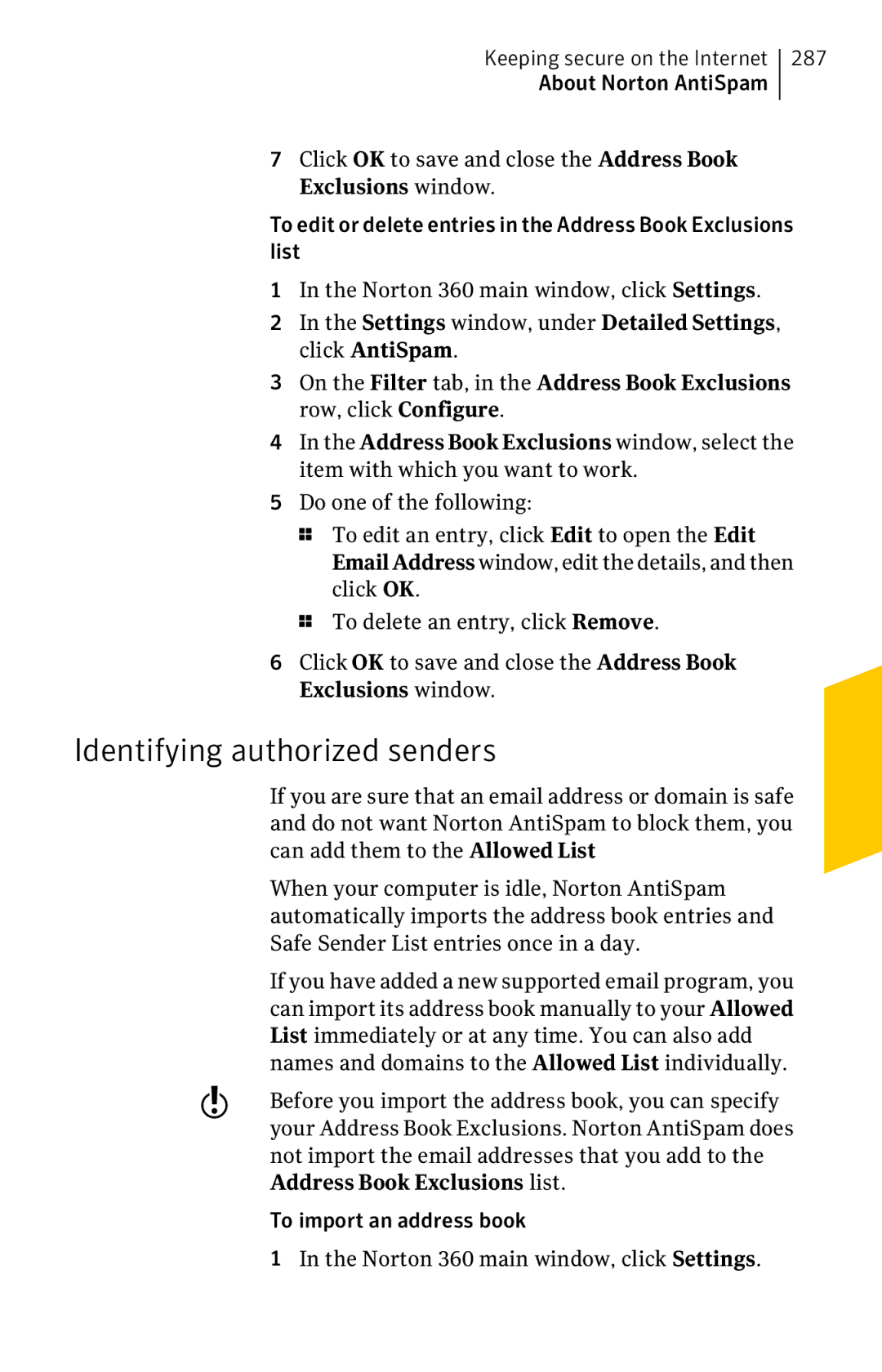 Symantec 11022527 manual Identifying authorized senders, Address Book Exclusions list 