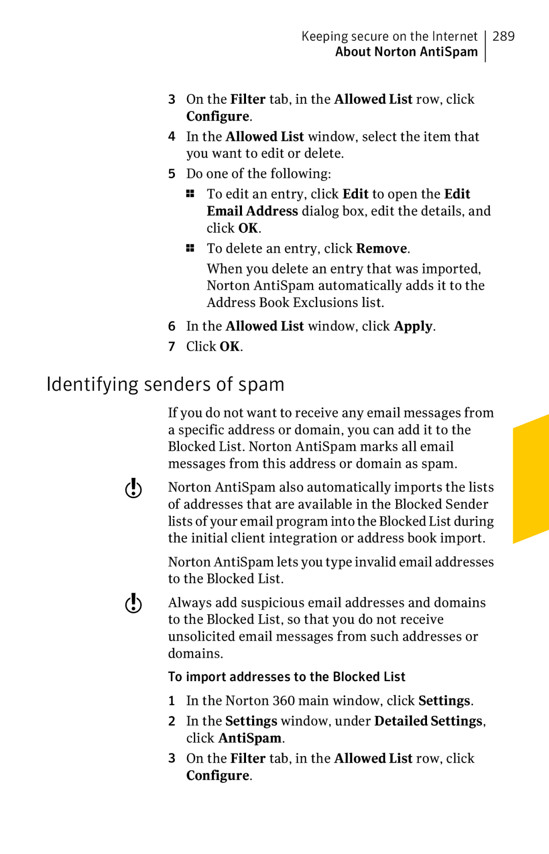 Symantec 11022527 manual Identifying senders of spam, 289 