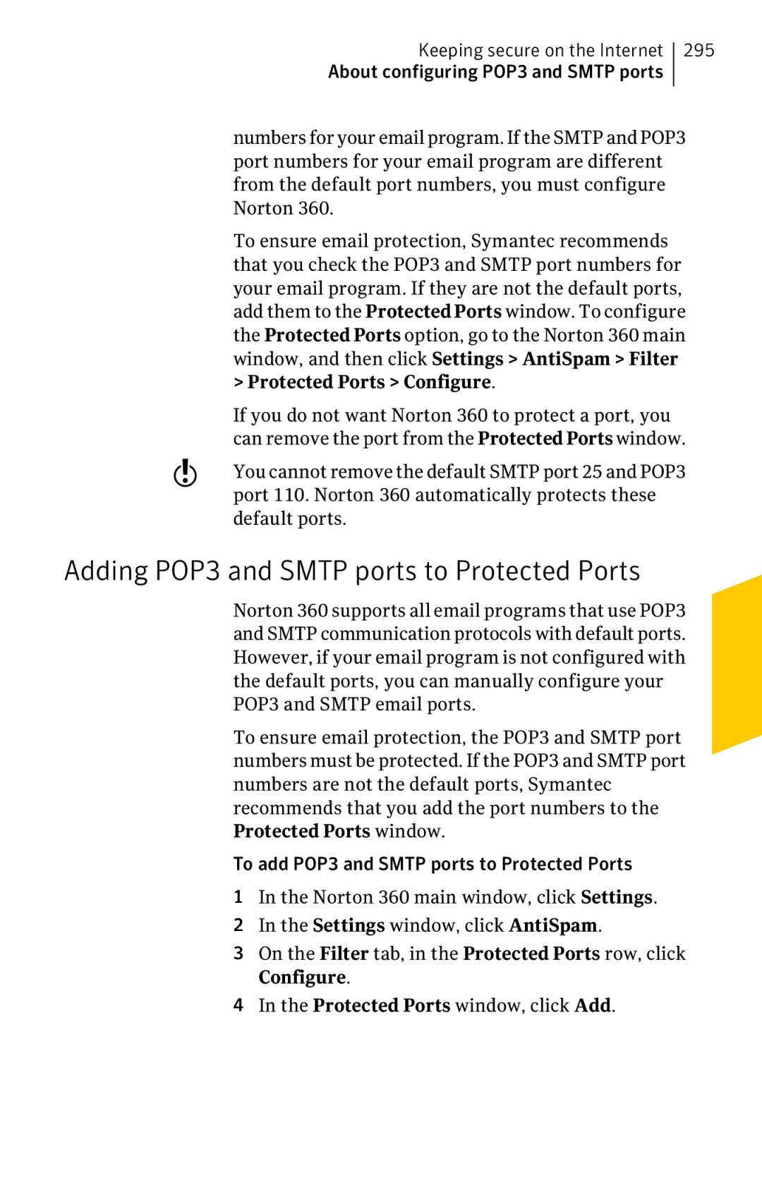 Symantec 11022527 manual Adding POP3 and Smtp ports to Protected Ports, Protected Ports Configure 