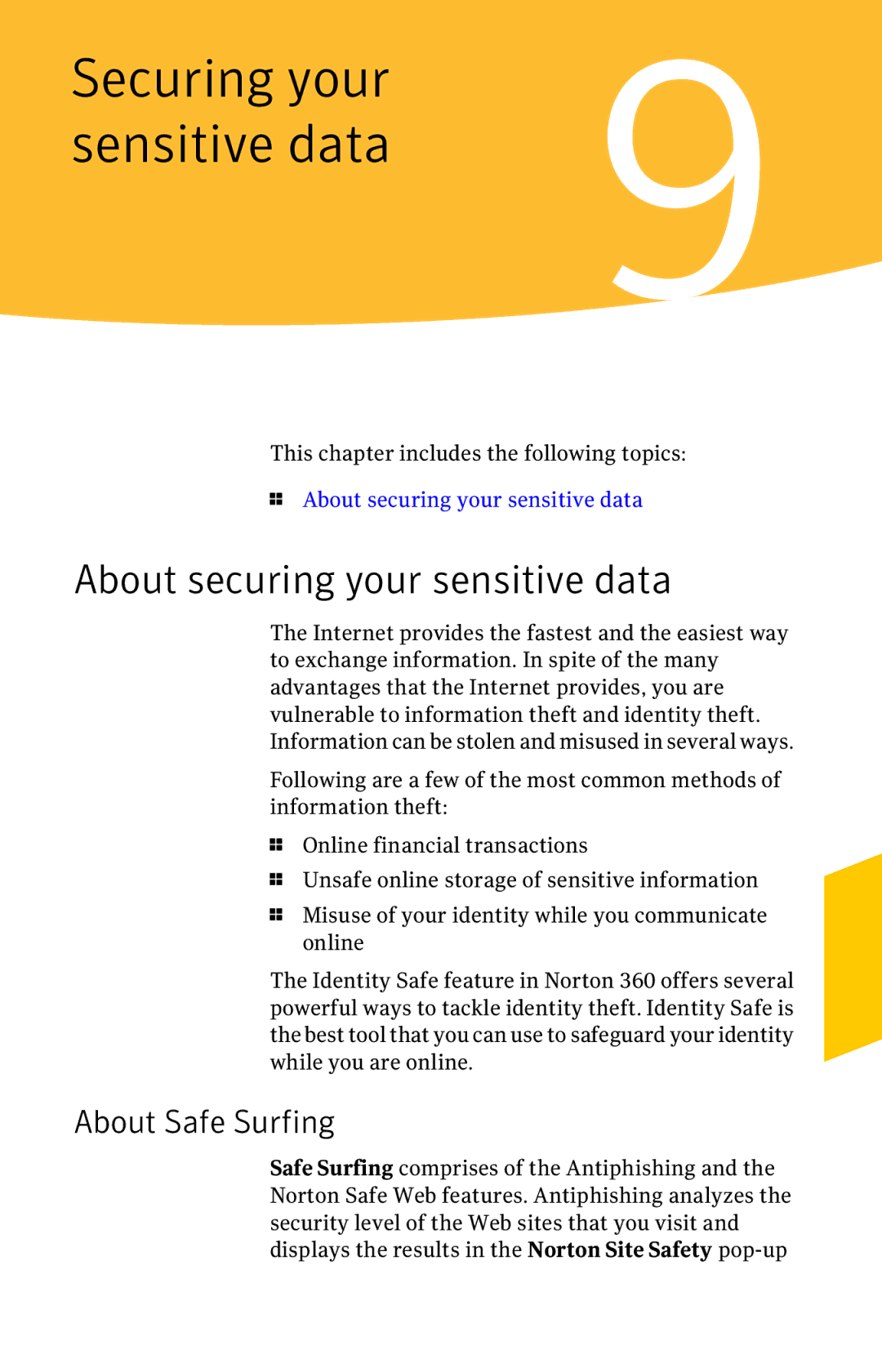 Symantec 11022527 manual About securing your sensitive data, About Safe Surfing 