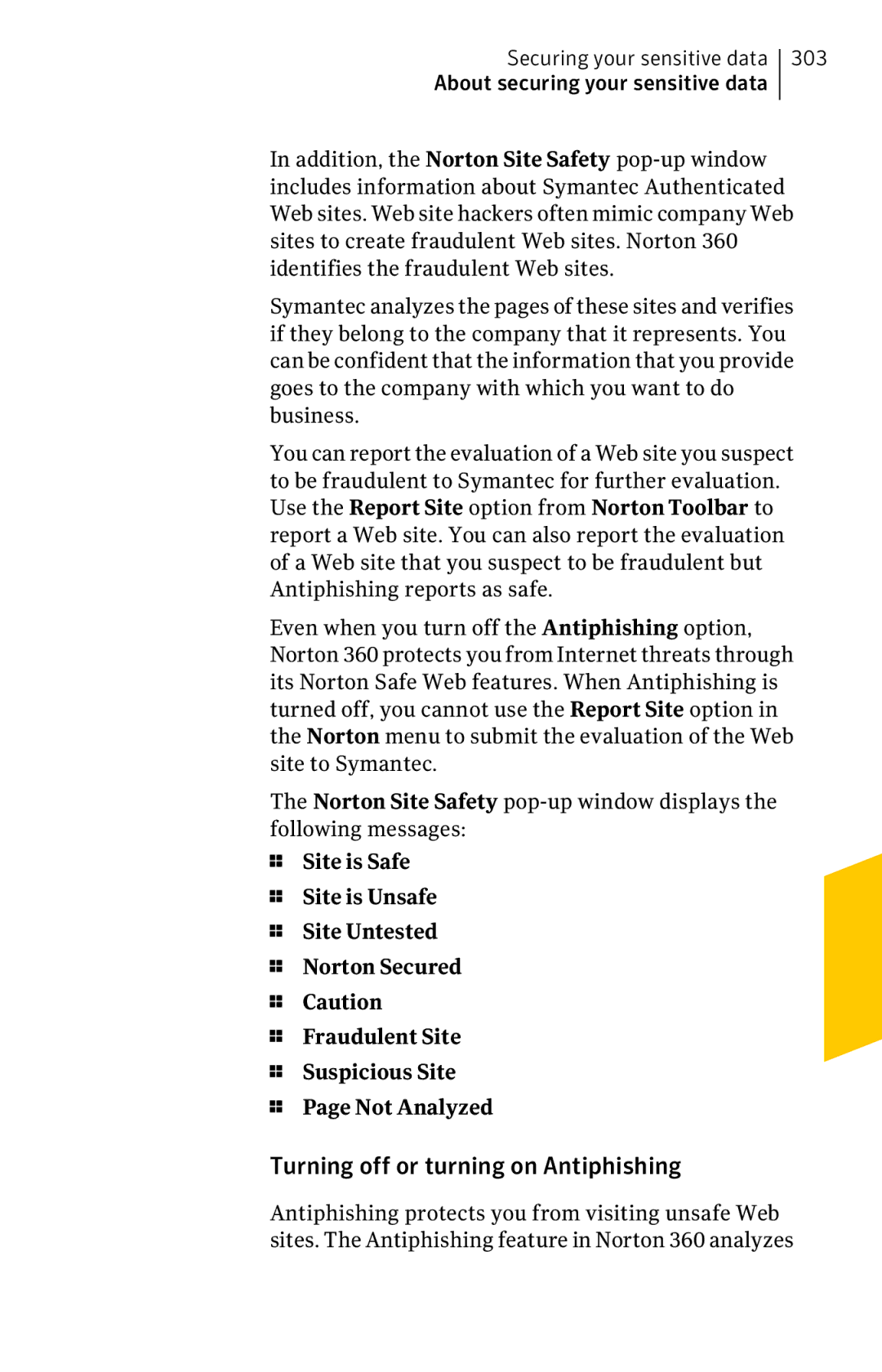 Symantec 11022527 manual Turning off or turning on Antiphishing 