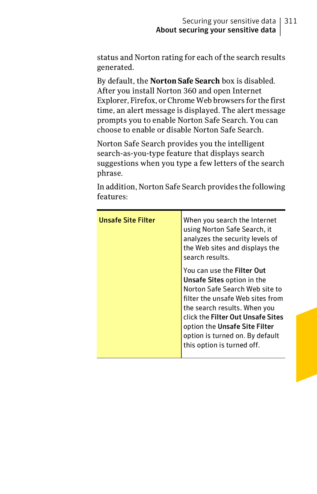 Symantec 11022527 manual Unsafe Site Filter, Using Norton Safe Search, it, Search results, You can use the Filter Out 