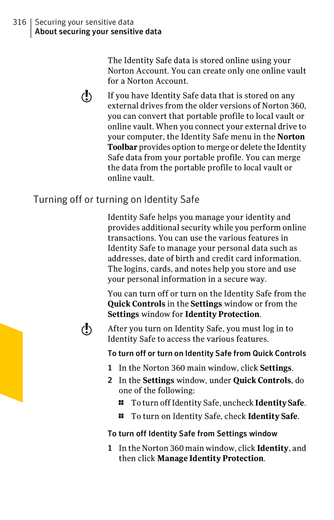 Symantec 11022527 manual Turning off or turning on Identity Safe, Settings window for Identity Protection 