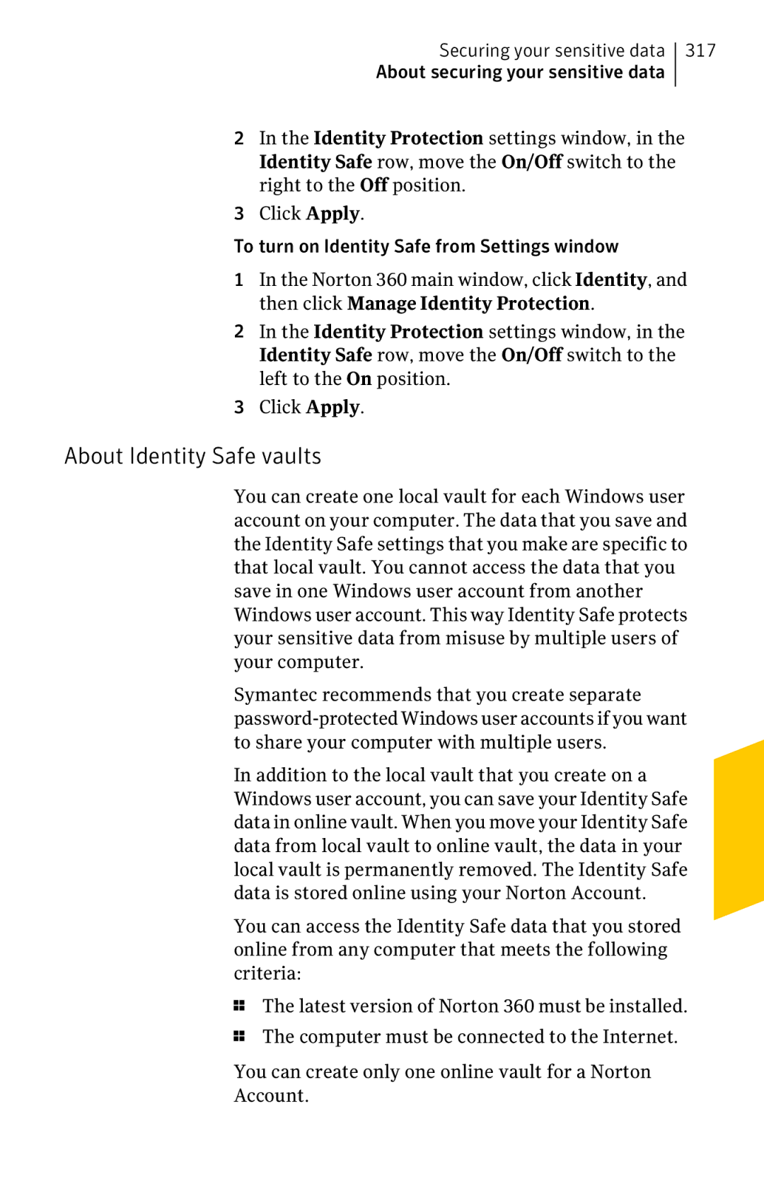 Symantec 11022527 manual About Identity Safe vaults 