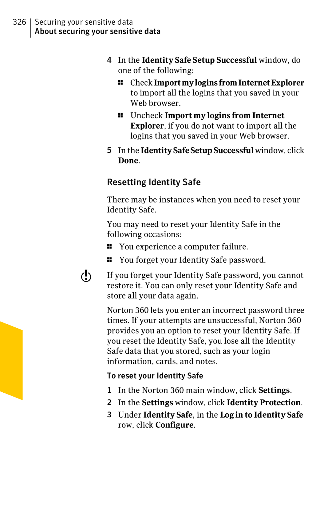 Symantec 11022527 manual Resetting Identity Safe 