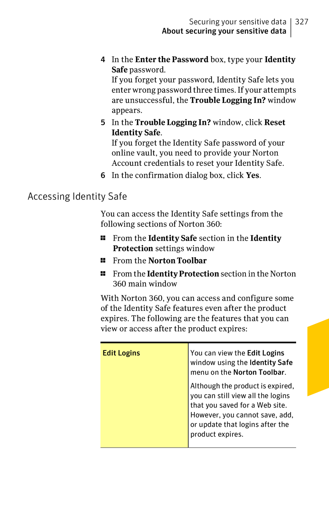 Symantec 11022527 manual Accessing Identity Safe, From the Norton Toolbar, Product expires 