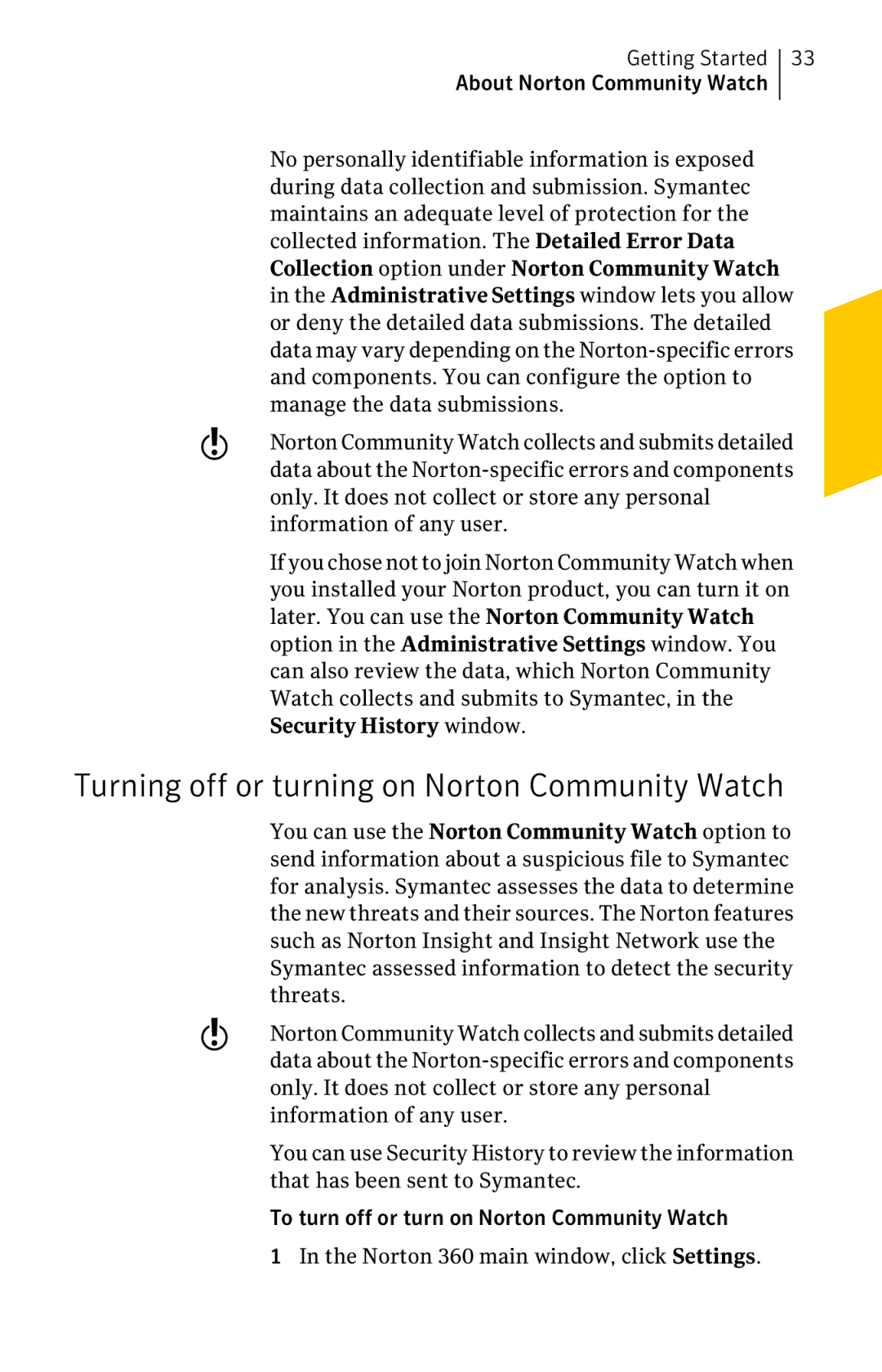 Symantec 11022527 manual Turning off or turning on Norton Community Watch, Security History window 