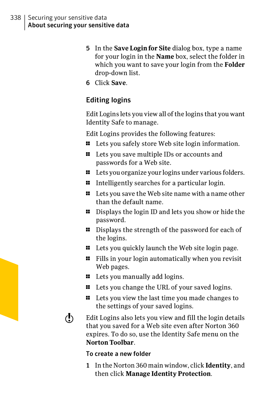 Symantec 11022527 manual Editing logins, Norton Toolbar, Then click Manage Identity Protection 