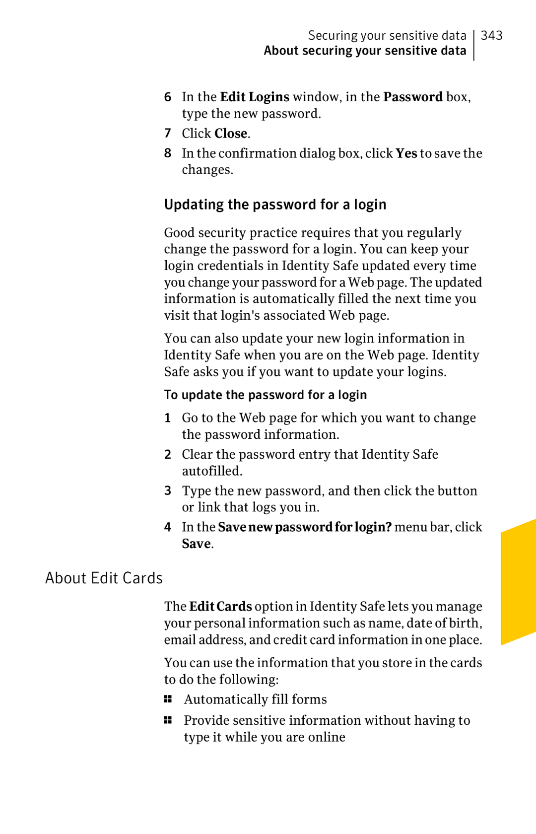 Symantec 11022527 manual About Edit Cards, Updating the password for a login, Savenewpasswordforlogin? menu bar, click Save 