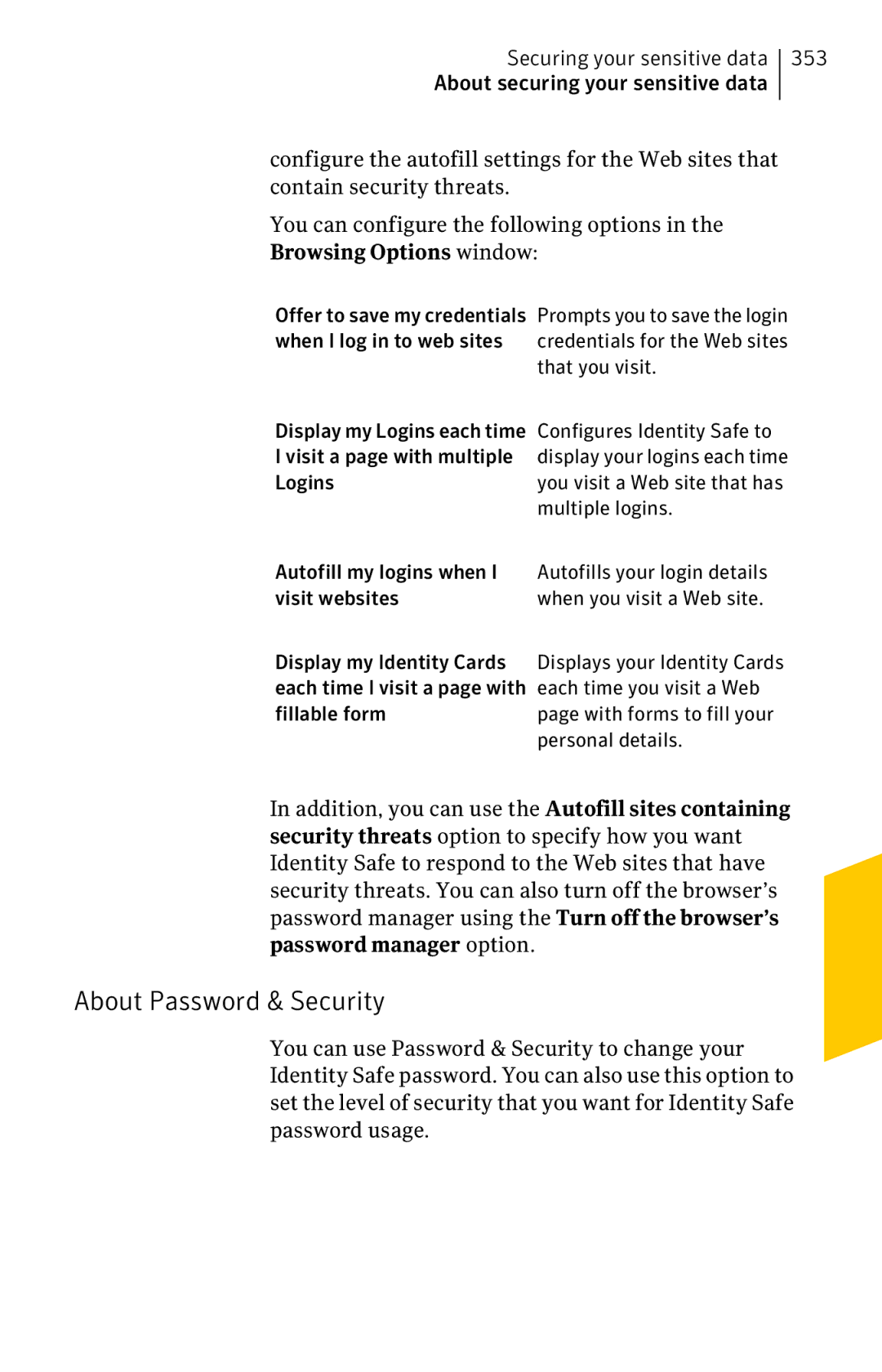 Symantec 11022527 manual About Password & Security 