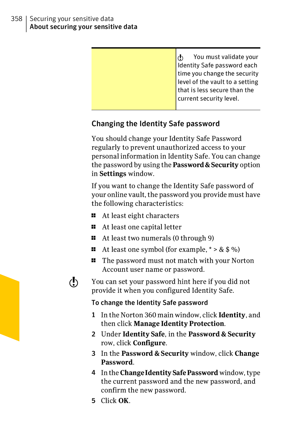 Symantec 11022527 manual Changing the Identity Safe password, Password & Security window, click Change Password 