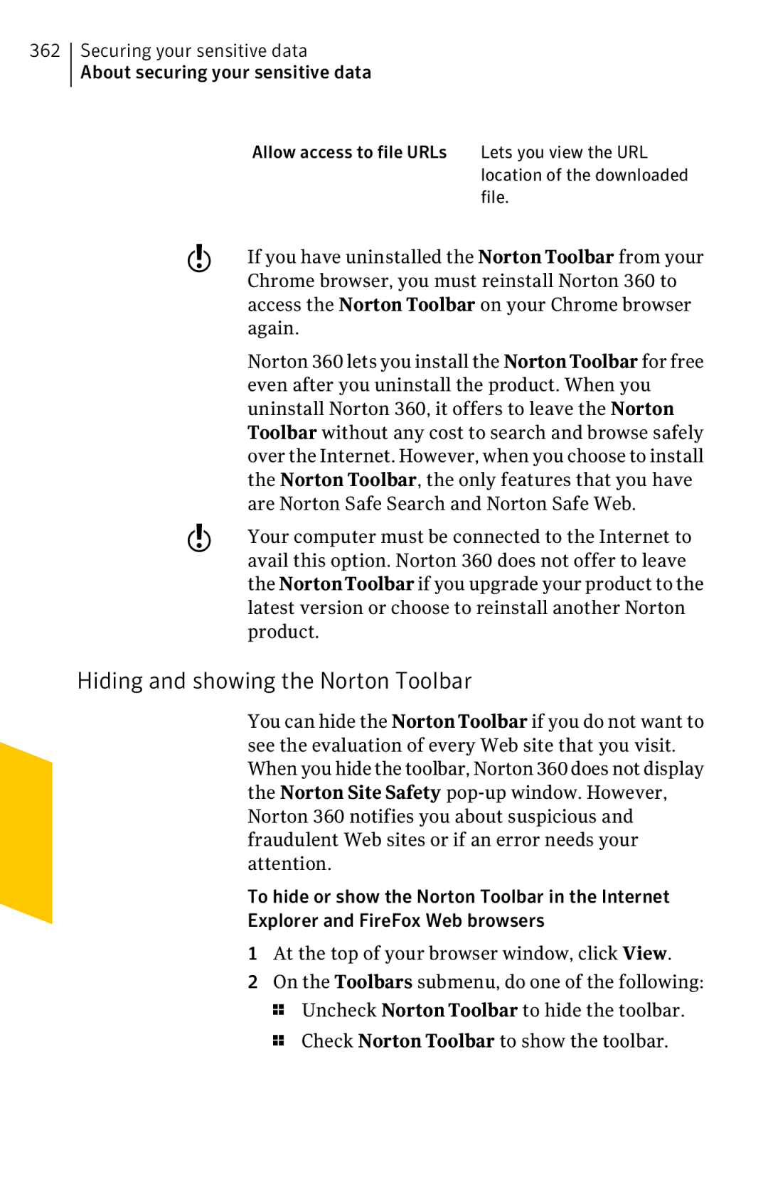 Symantec 11022527 manual Hiding and showing the Norton Toolbar, Check Norton Toolbar to show the toolbar 