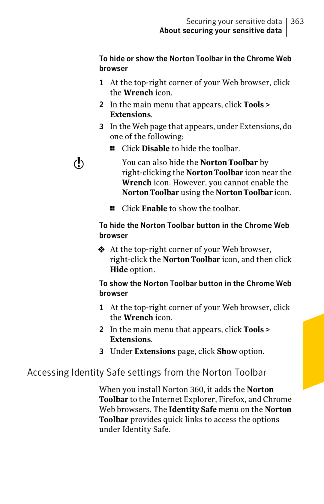 Symantec 11022527 manual Accessing Identity Safe settings from the Norton Toolbar, Click Enable to show the toolbar 