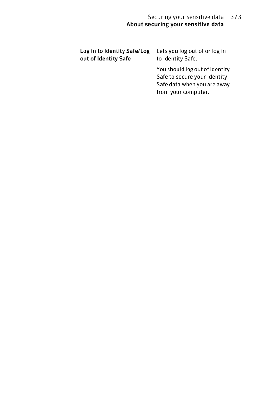 Symantec 11022527 manual Lets you log out of or log in to Identity Safe 