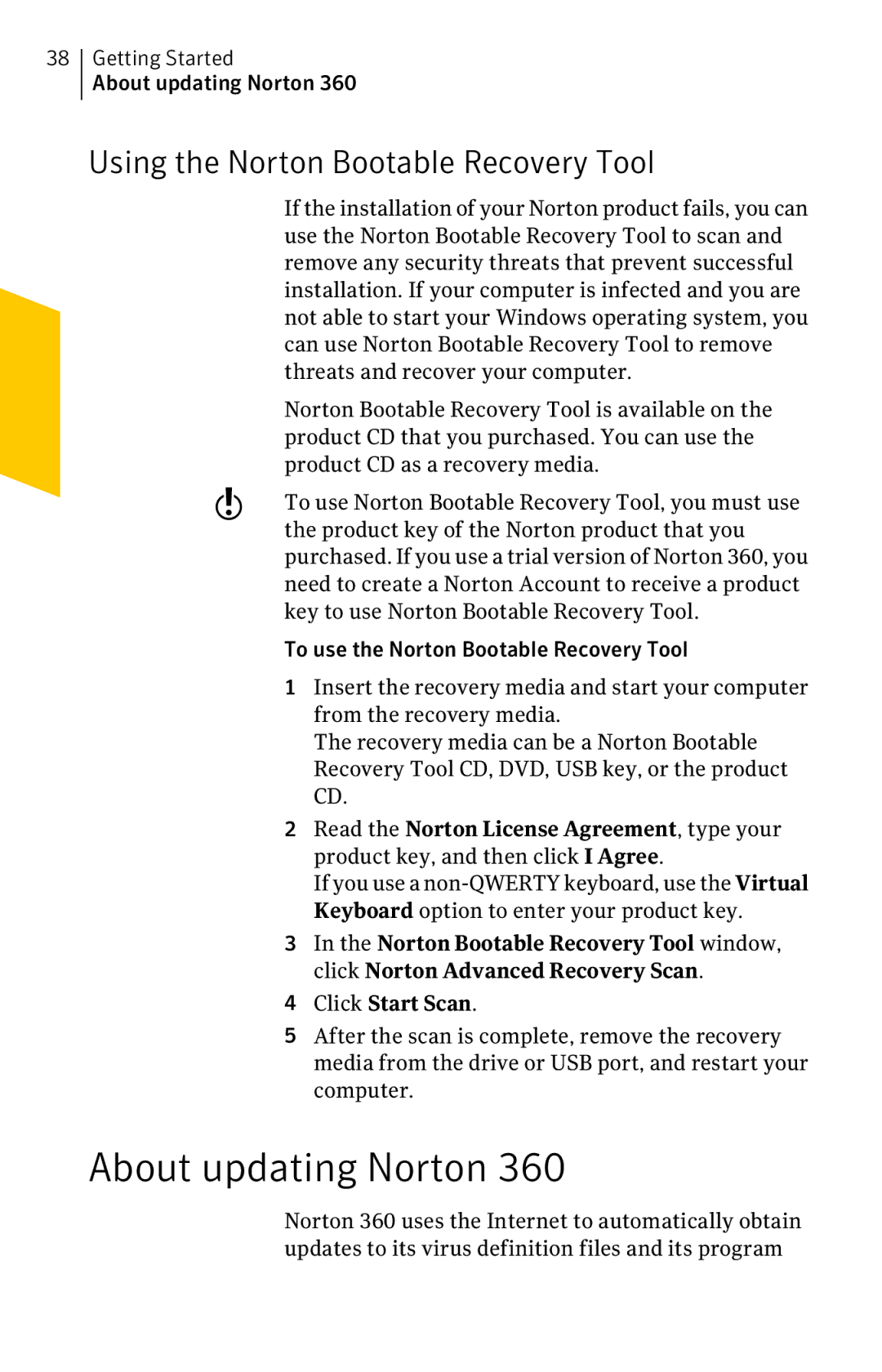 Symantec 11022527 manual About updating Norton, Using the Norton Bootable Recovery Tool, Click Start Scan 