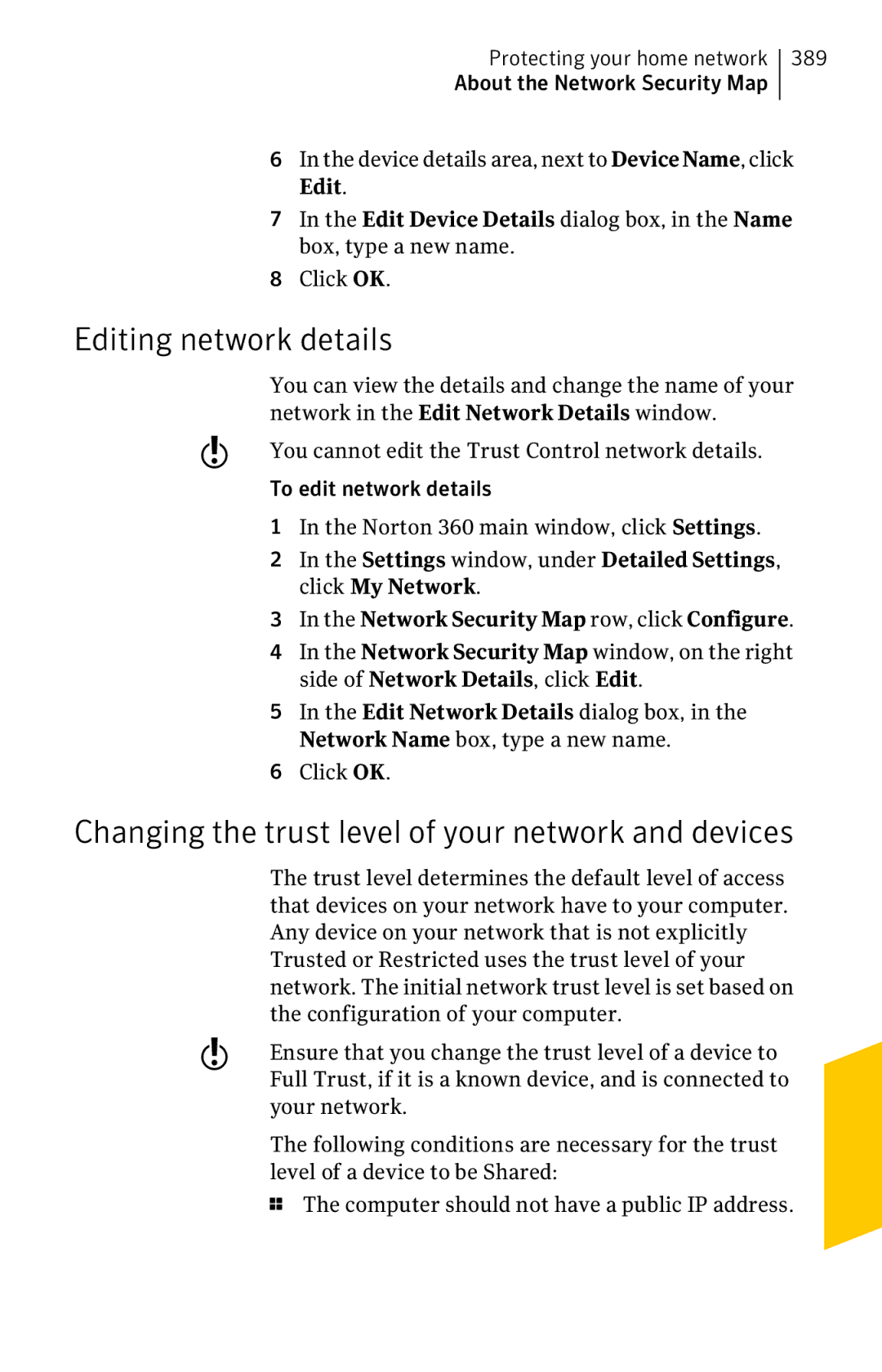 Symantec 11022527 manual Editing network details, Changing the trust level of your network and devices 