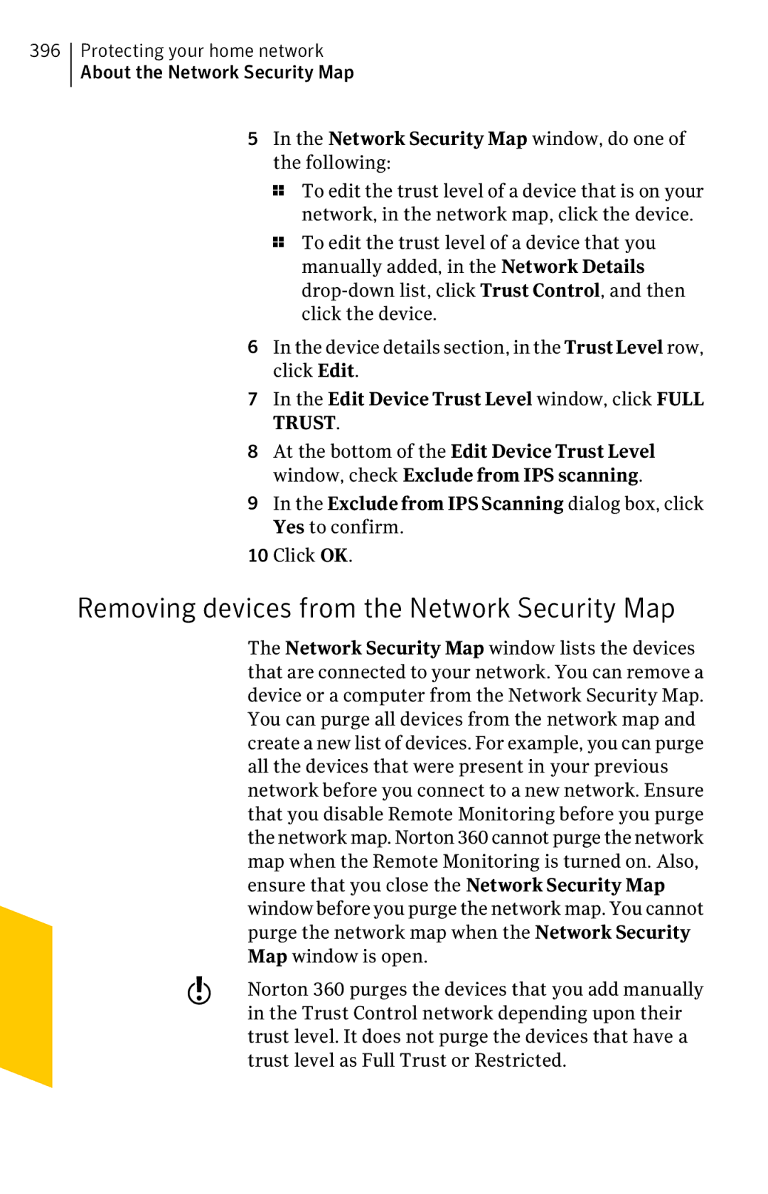 Symantec 11022527 manual Removing devices from the Network Security Map, Edit Device Trust Level window, click Full Trust 