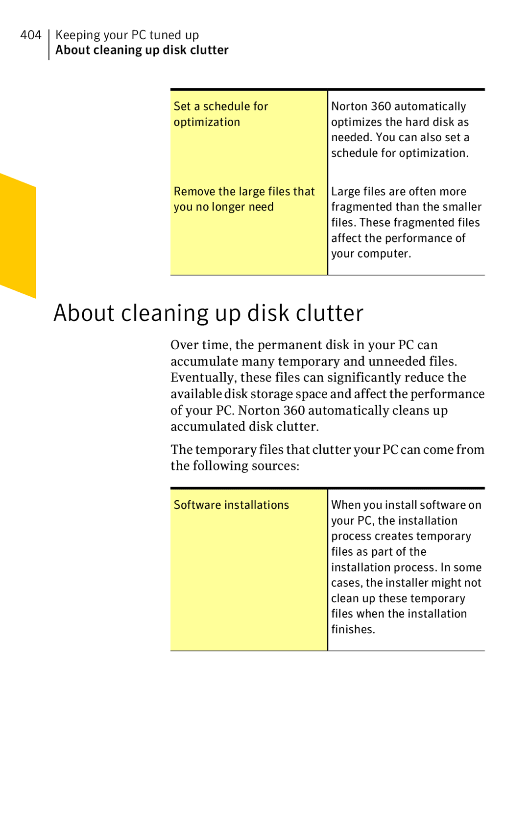 Symantec 11022527 manual Keeping your PC tuned up About cleaning up disk clutter 