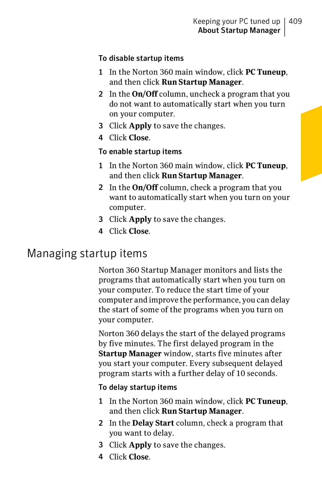 Symantec 11022527 manual Managing startup items, 409 