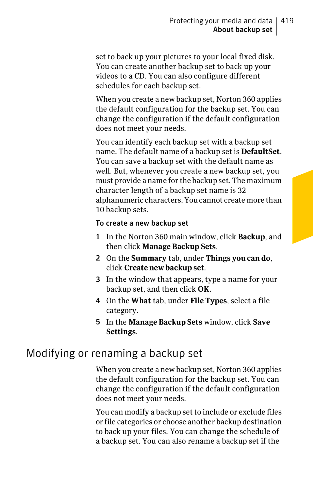 Symantec 11022527 manual Modifying or renaming a backup set, 419 