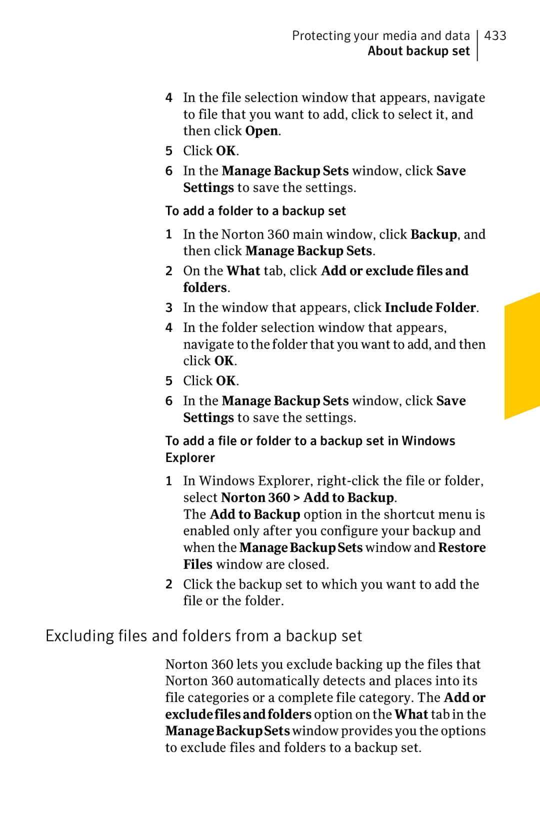 Symantec 11022527 manual Excluding files and folders from a backup set, 433 