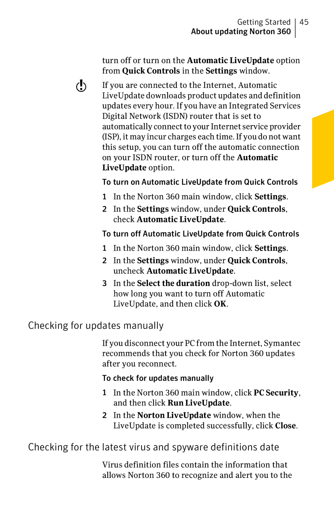 Symantec 11022527 Checking for updates manually, Checking for the latest virus and spyware definitions date 