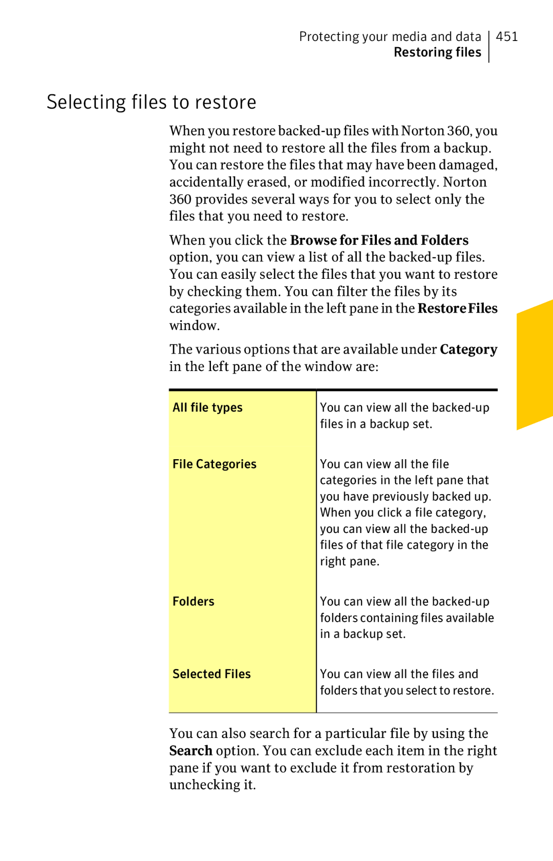 Symantec 11022527 manual Selecting files to restore, 451 