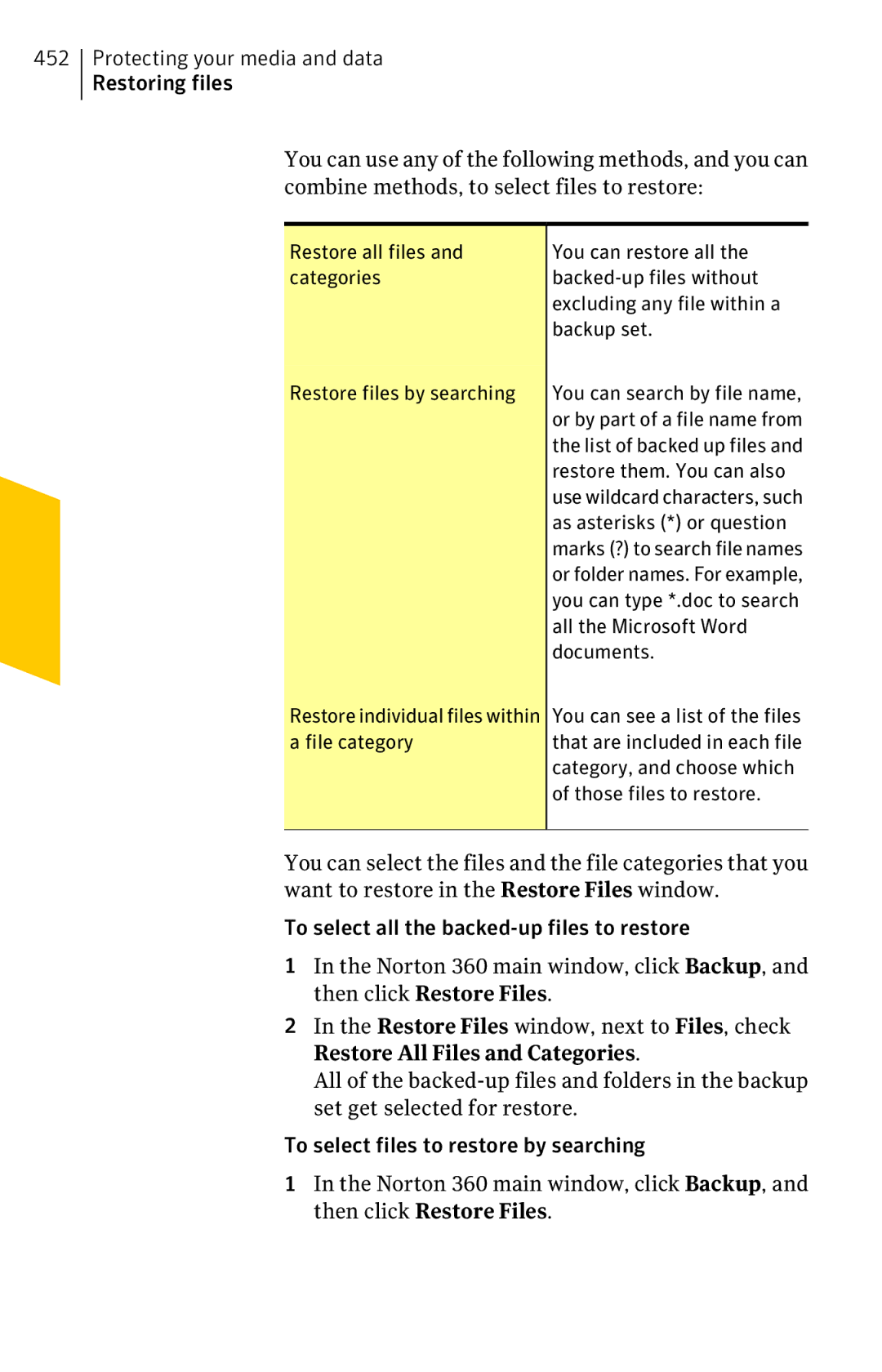 Symantec 11022527 Backup set, Restore files by searching, As asterisks * or question, All the Microsoft Word, Documents 