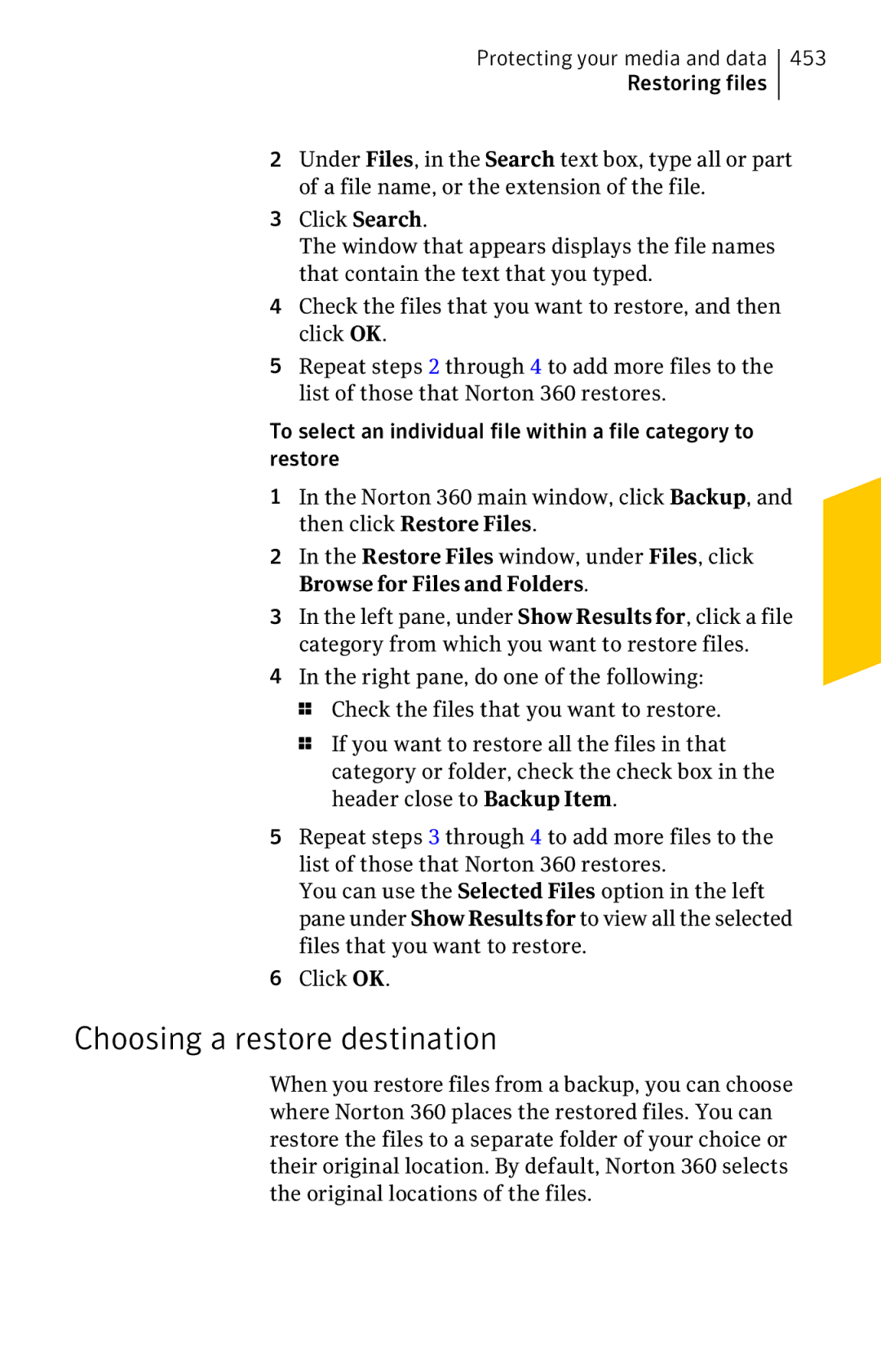 Symantec 11022527 manual Choosing a restore destination, 453 