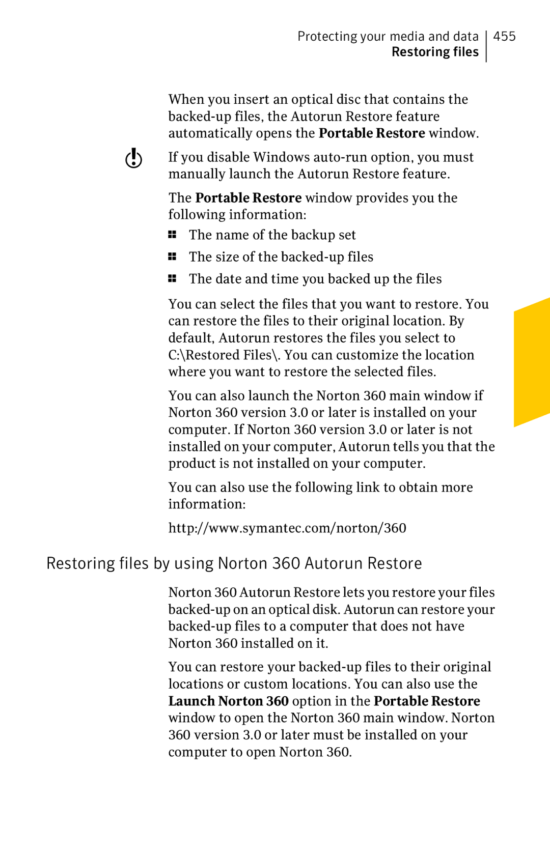 Symantec 11022527 manual Restoring files by using Norton 360 Autorun Restore 