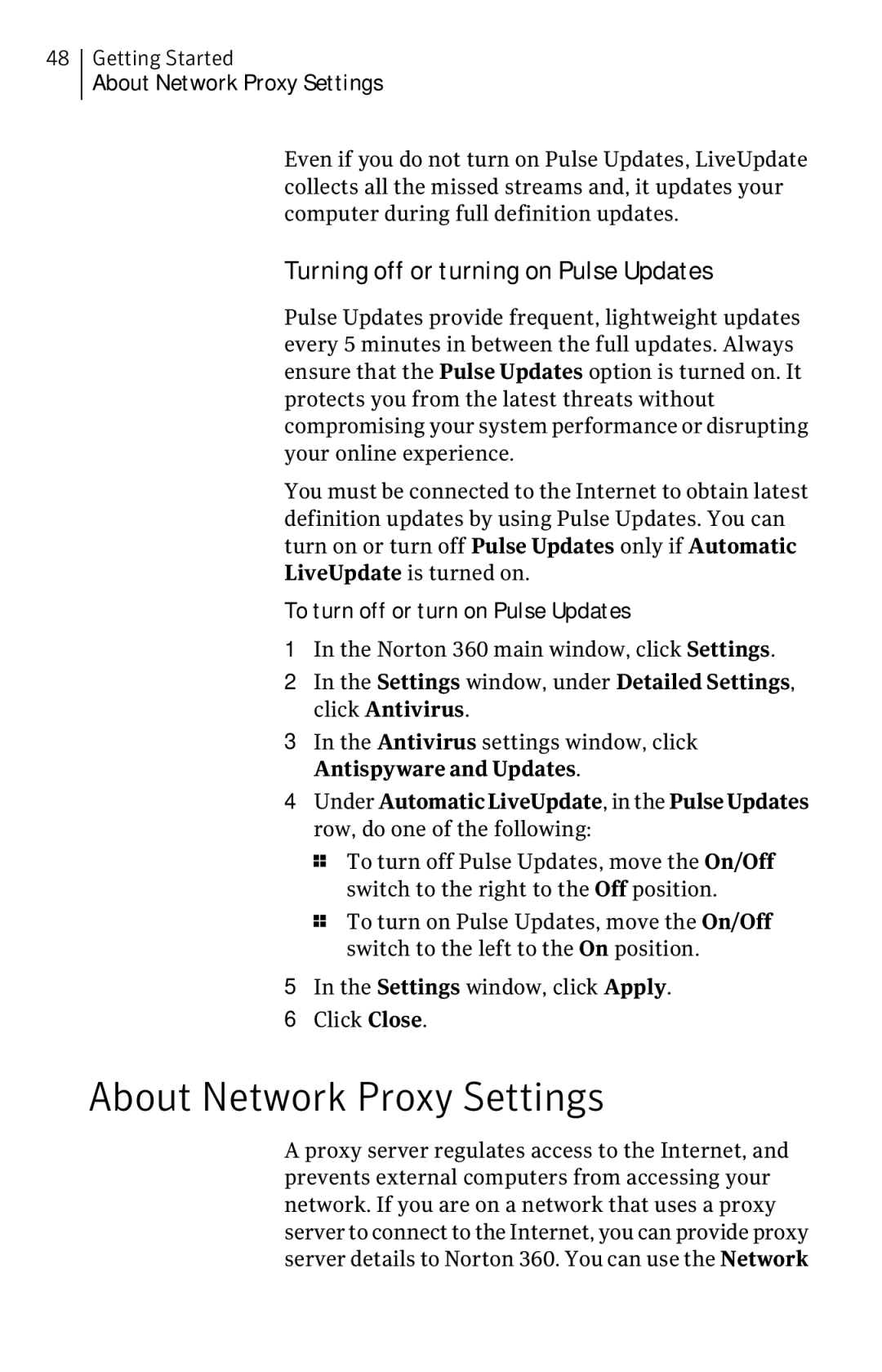 Symantec 11022527 manual About Network Proxy Settings, Turning off or turning on Pulse Updates 