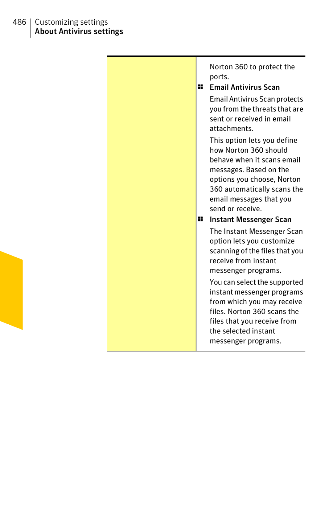 Symantec 11022527 manual Customizing settings About Antivirus settings 