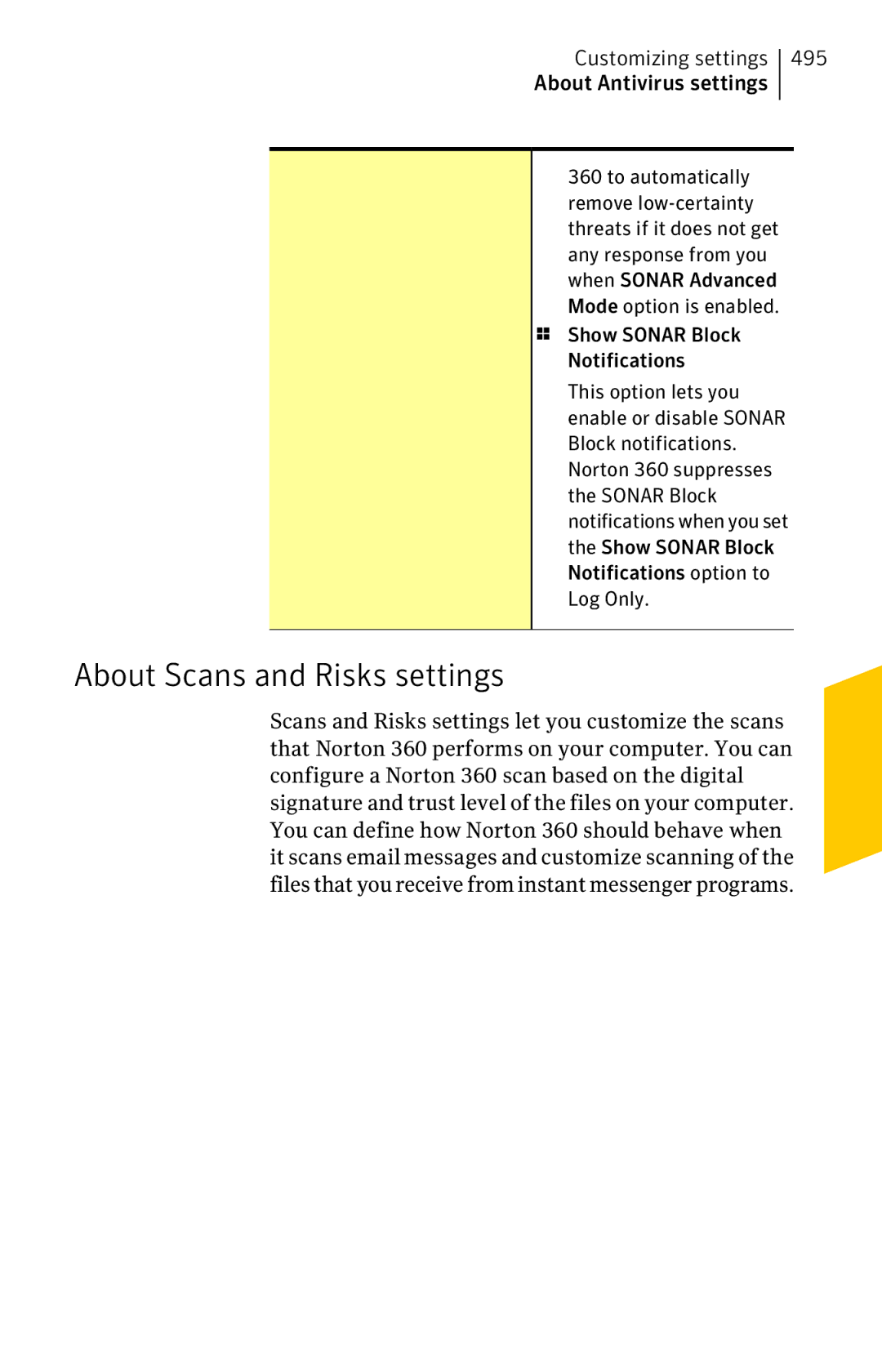 Symantec 11022527 manual About Scans and Risks settings 