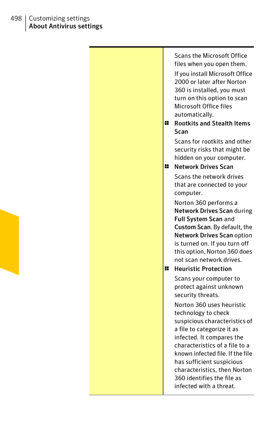 Symantec 11022527 manual Customizing settings About Antivirus settings 