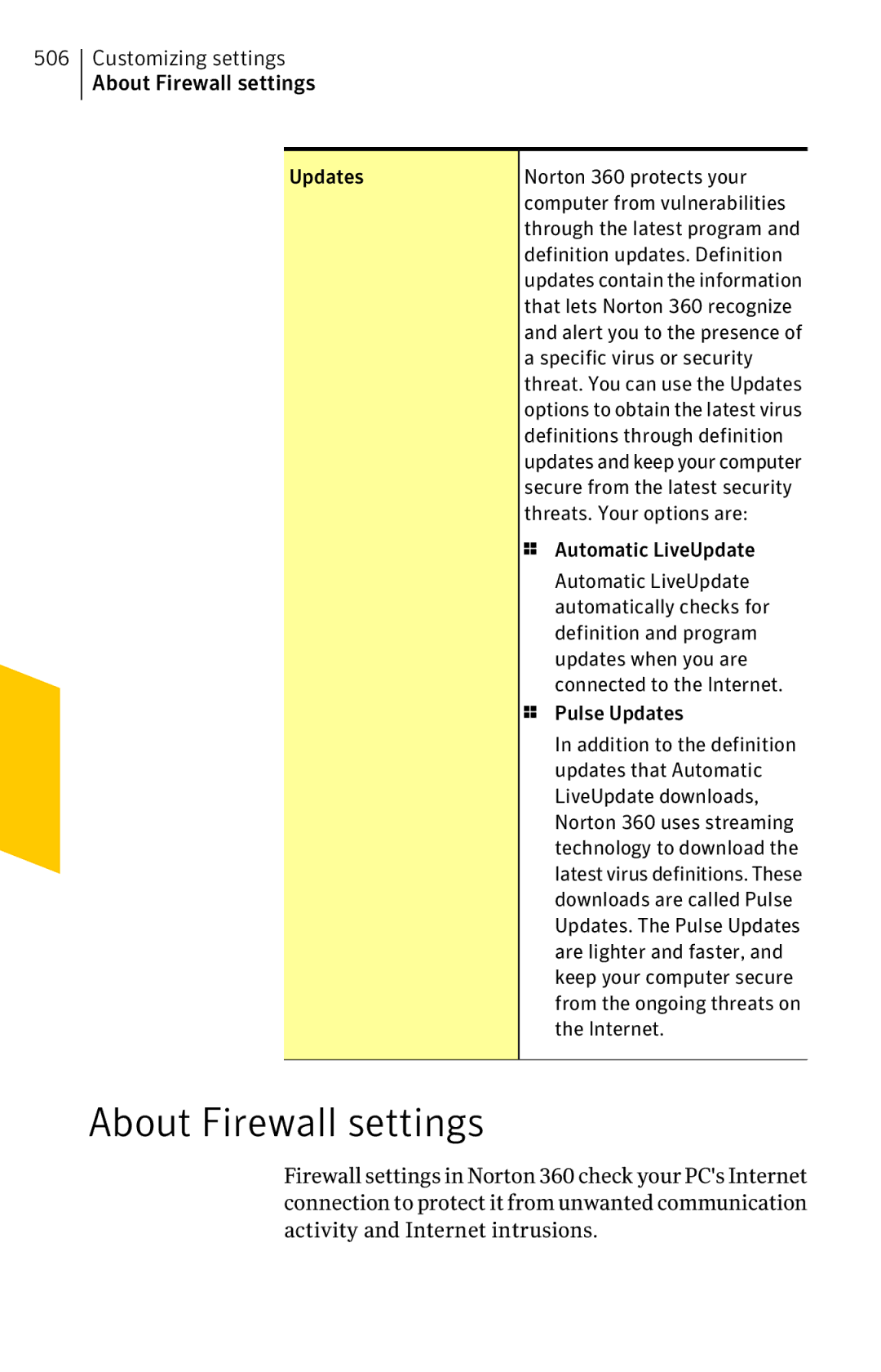 Symantec 11022527 manual Customizing settings About Firewall settings 