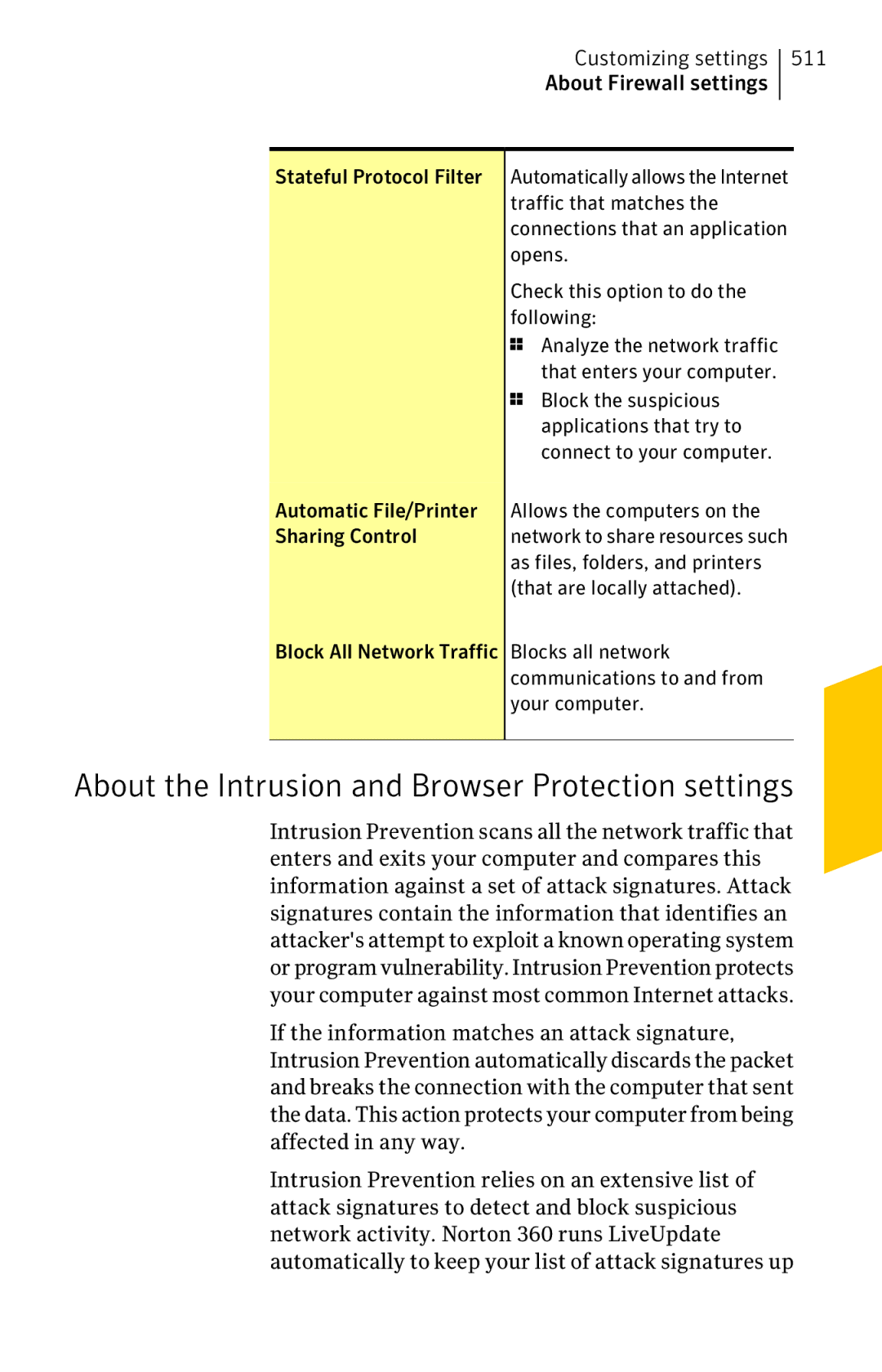 Symantec 11022527 manual About the Intrusion and Browser Protection settings, Customizing settings About Firewall settings 