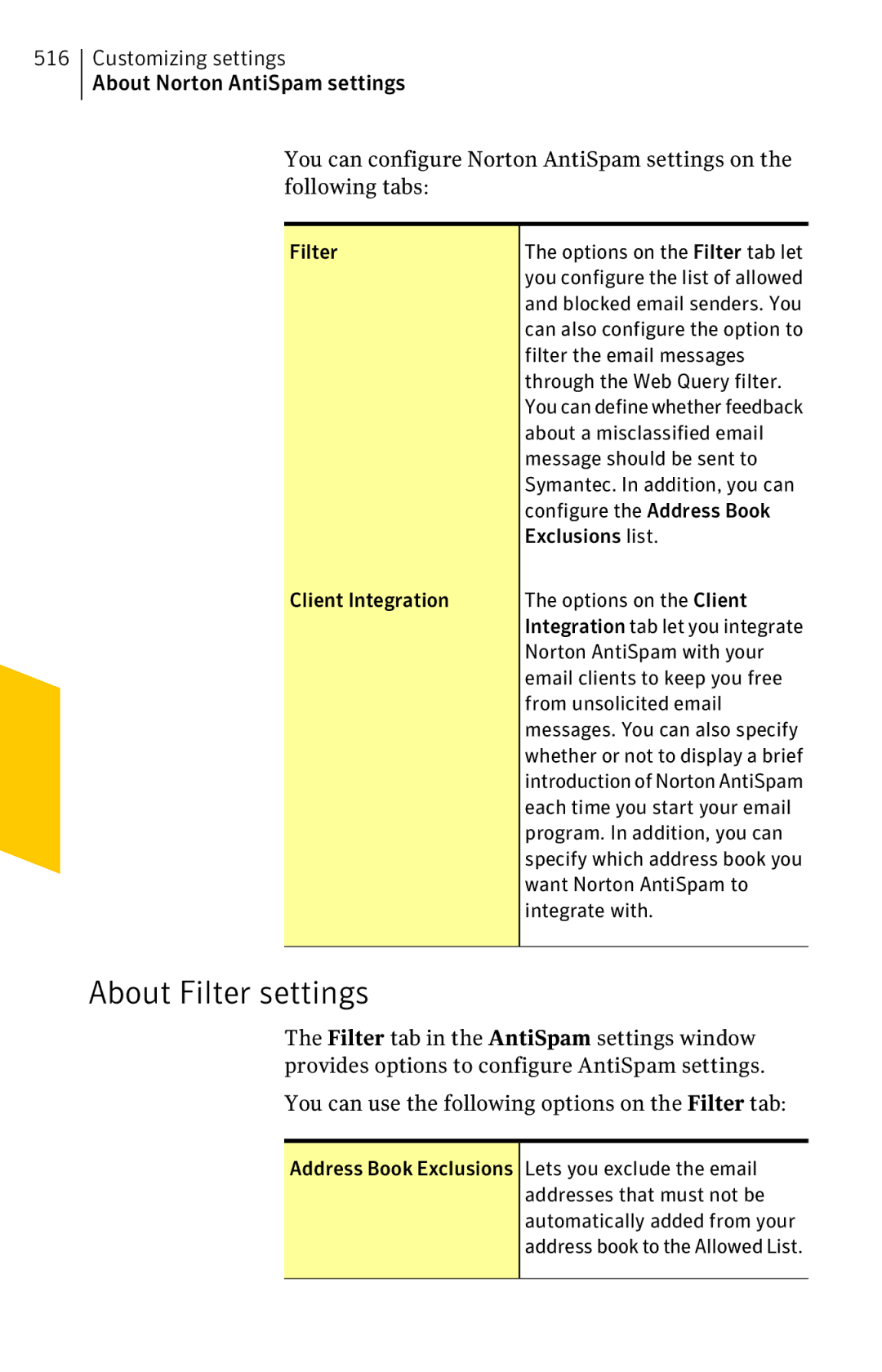 Symantec 11022527 manual About Filter settings 