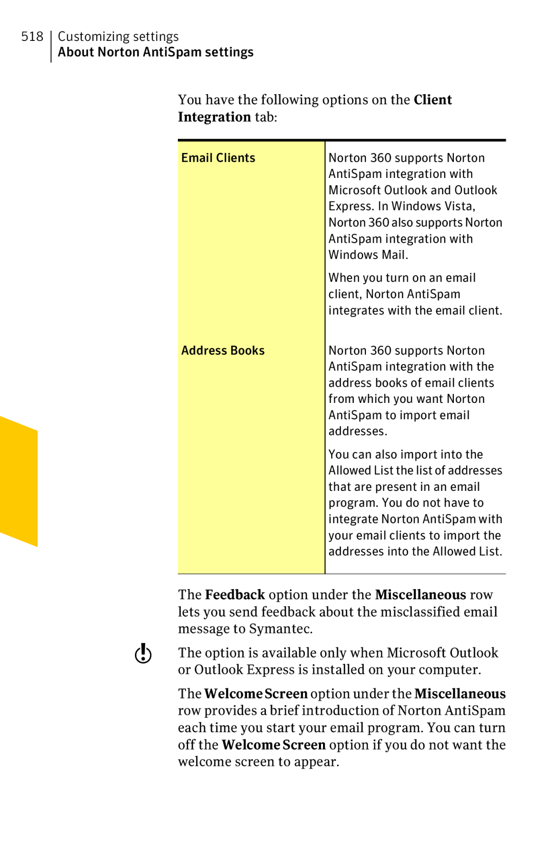 Symantec 11022527 manual Integration tab, Lets you send feedback about the misclassified email 