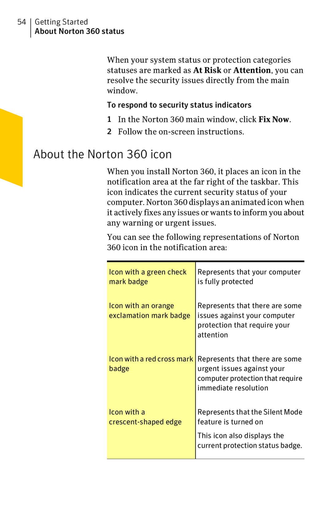 Symantec 11022527 About the Norton 360 icon, Icon with a green check, Mark badge Is fully protected Icon with an orange 