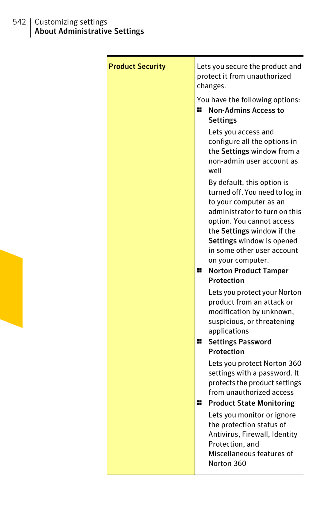 Symantec 11022527 manual Product Security, Protect it from unauthorized, Non-Admins Access to, Lets you access, Well 