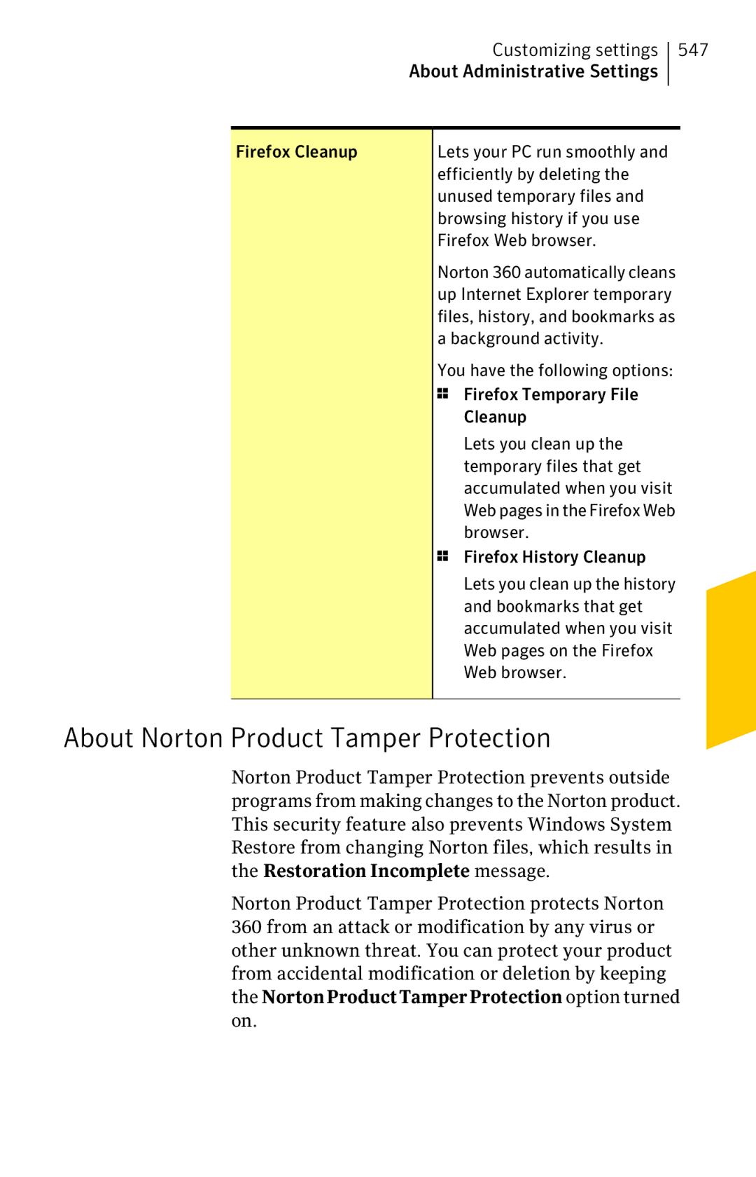 Symantec 11022527 manual About Norton Product Tamper Protection, Browser, Firefox History Cleanup 