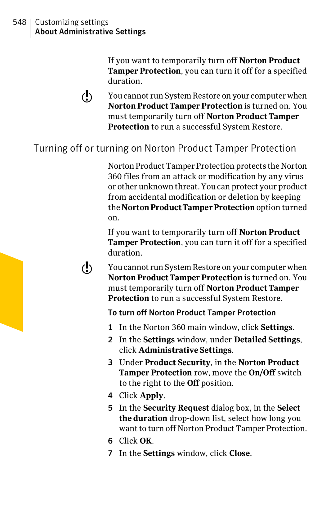 Symantec 11022527 manual Turning off or turning on Norton Product Tamper Protection 