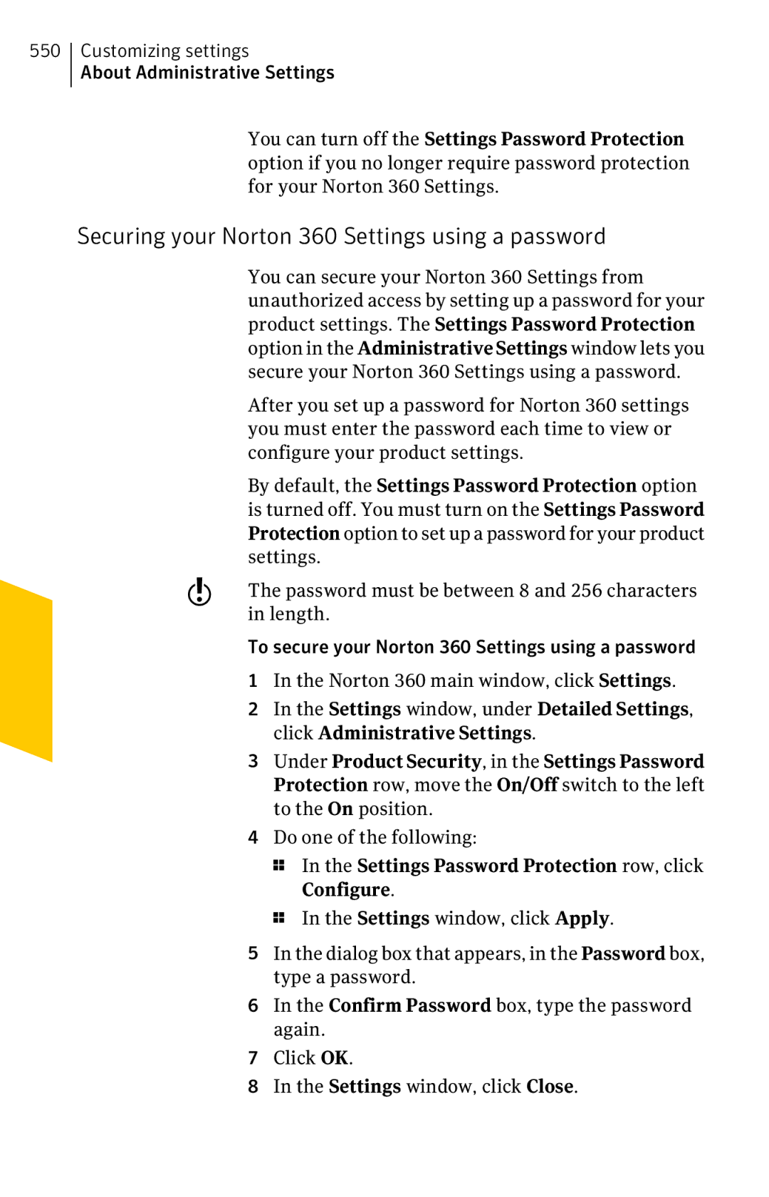 Symantec 11022527 Securing your Norton 360 Settings using a password, Settings Password Protection row, click Configure 