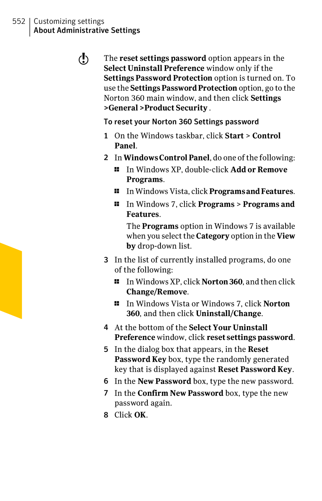 Symantec 11022527 manual Select Uninstall Preference window only if, General Product Security 