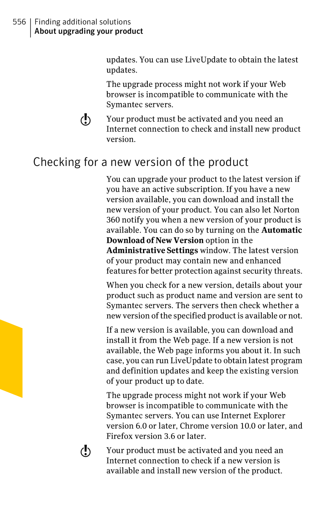 Symantec 11022527 manual Checking for a new version of the product, Firefox version 3.6 or later 